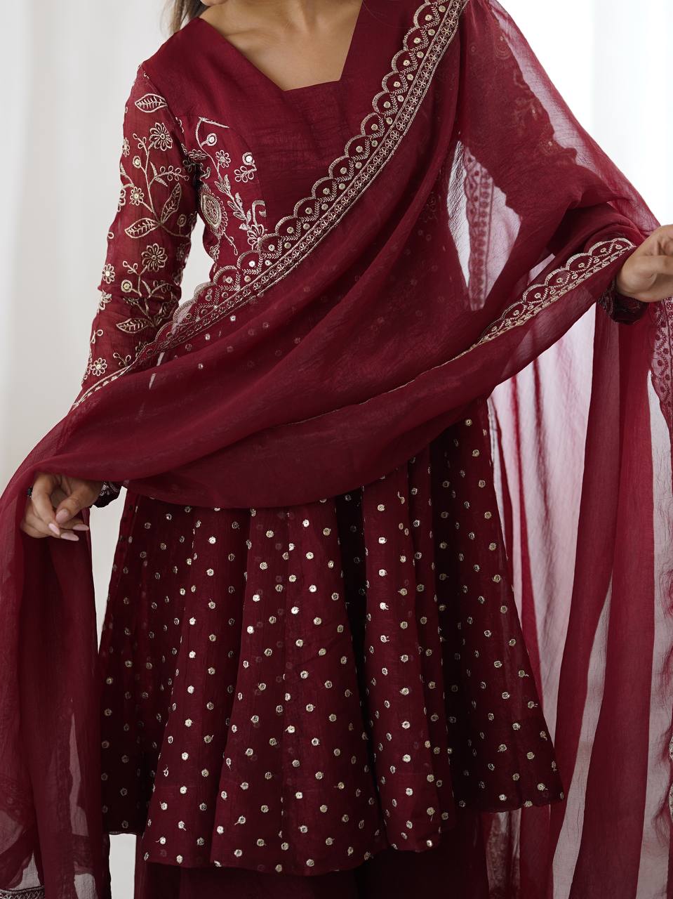 Avni in Maroon Majesty Mirror Work Anarkali Glam