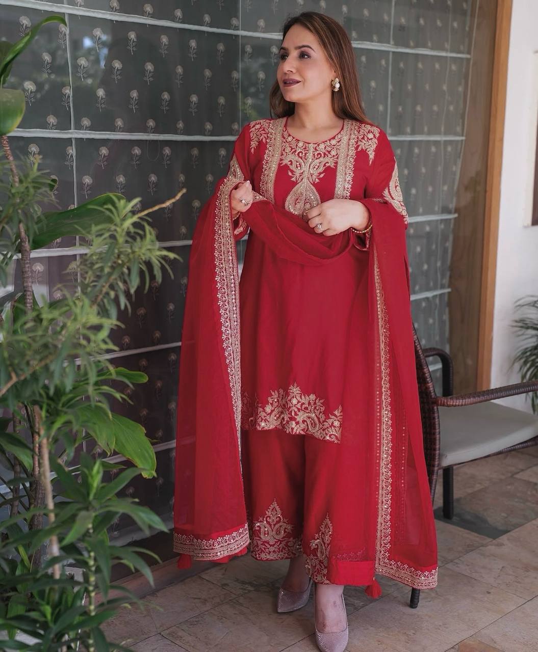 Zara Crimson Gold Elegance Suit Set