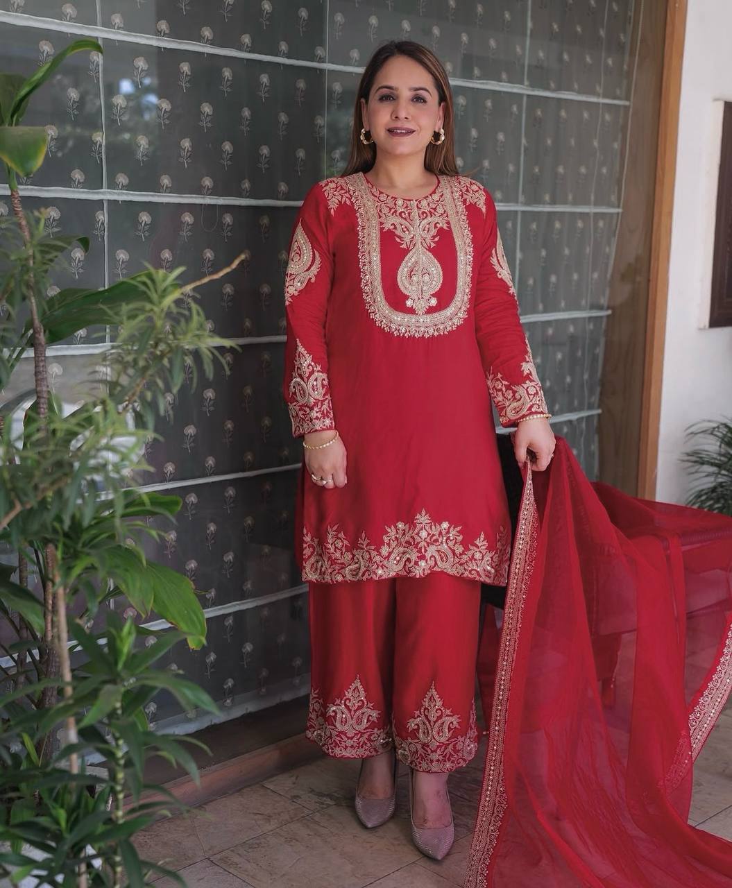 Zara Crimson Gold Elegance Suit Set