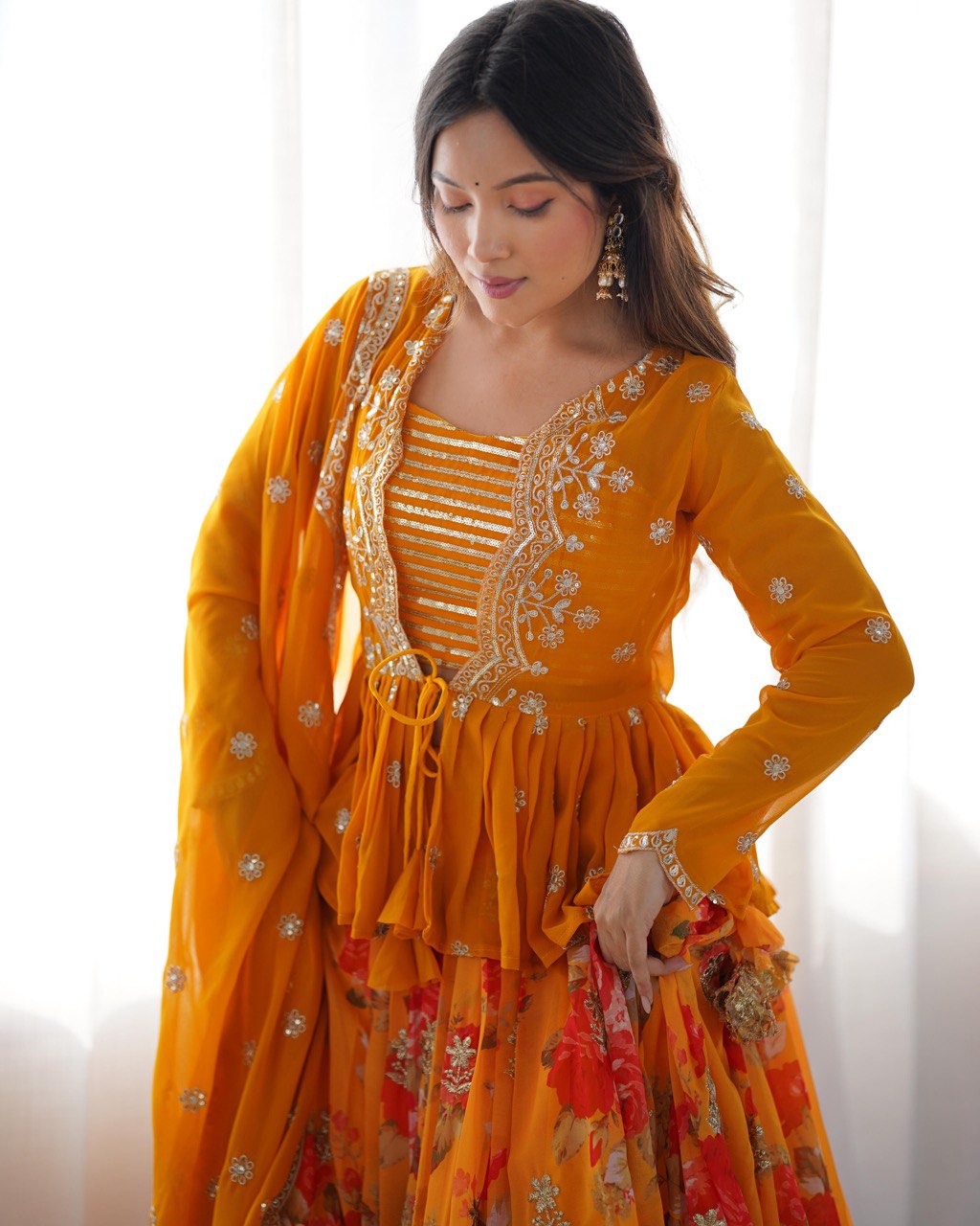 Twila mustard sunshine Foux Gorgette lehenga Set