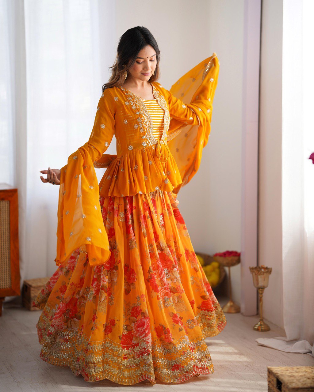 Twila mustard sunshine Foux Gorgette lehenga Set