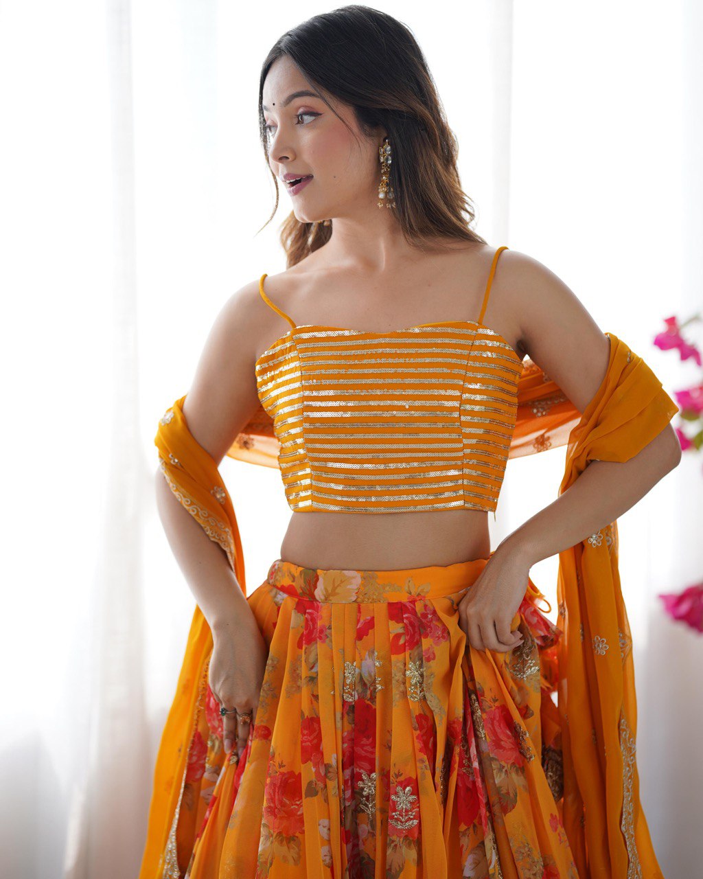 Twila mustard sunshine Foux Gorgette lehenga Set