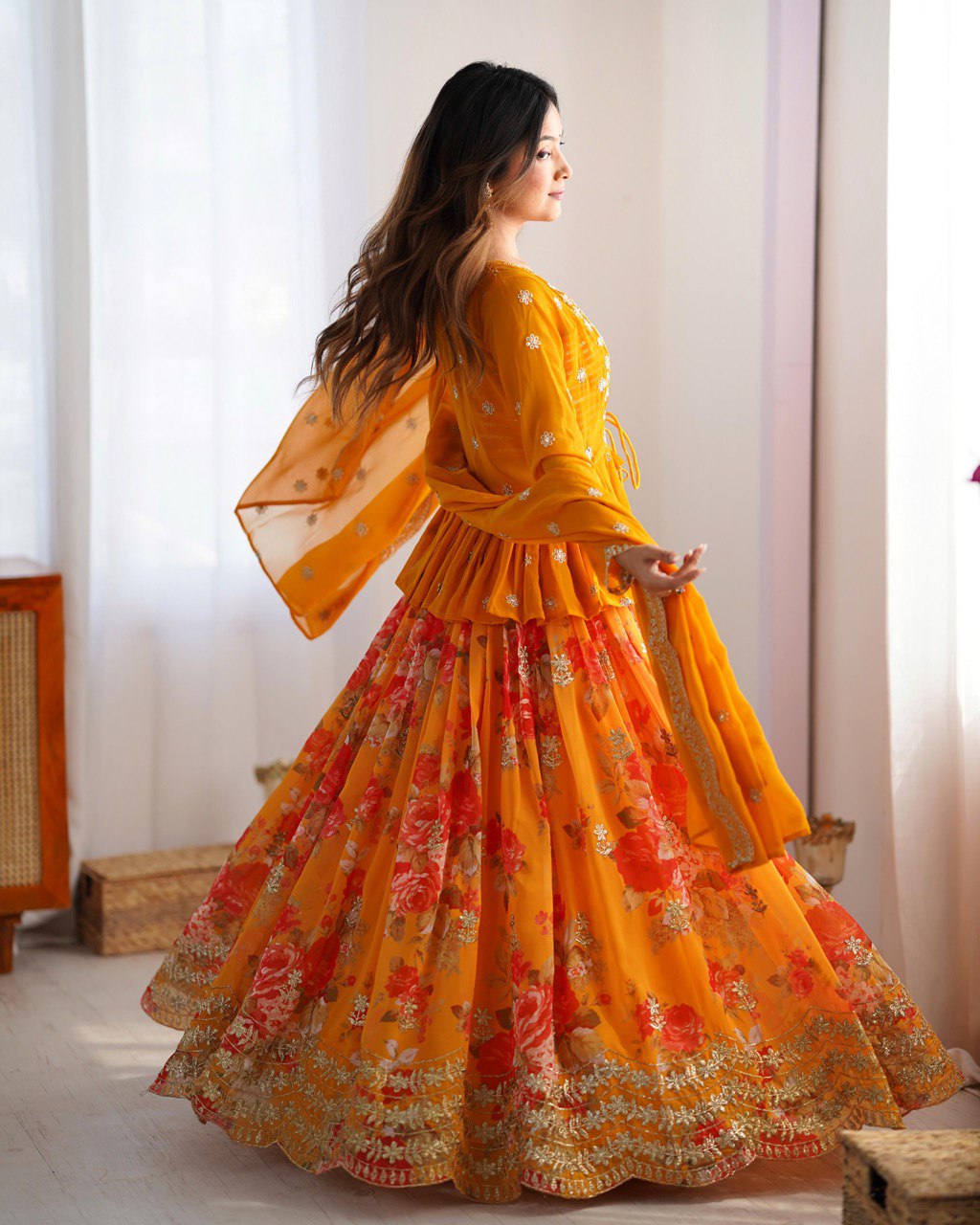 Twila mustard sunshine Foux Gorgette lehenga Set