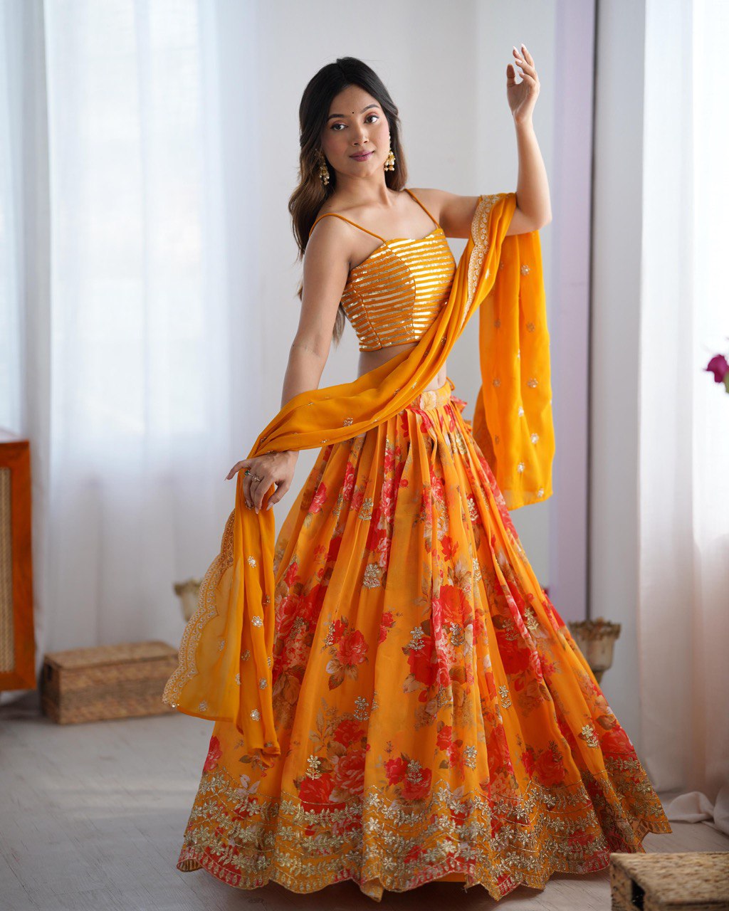 Twila mustard sunshine Foux Gorgette lehenga Set