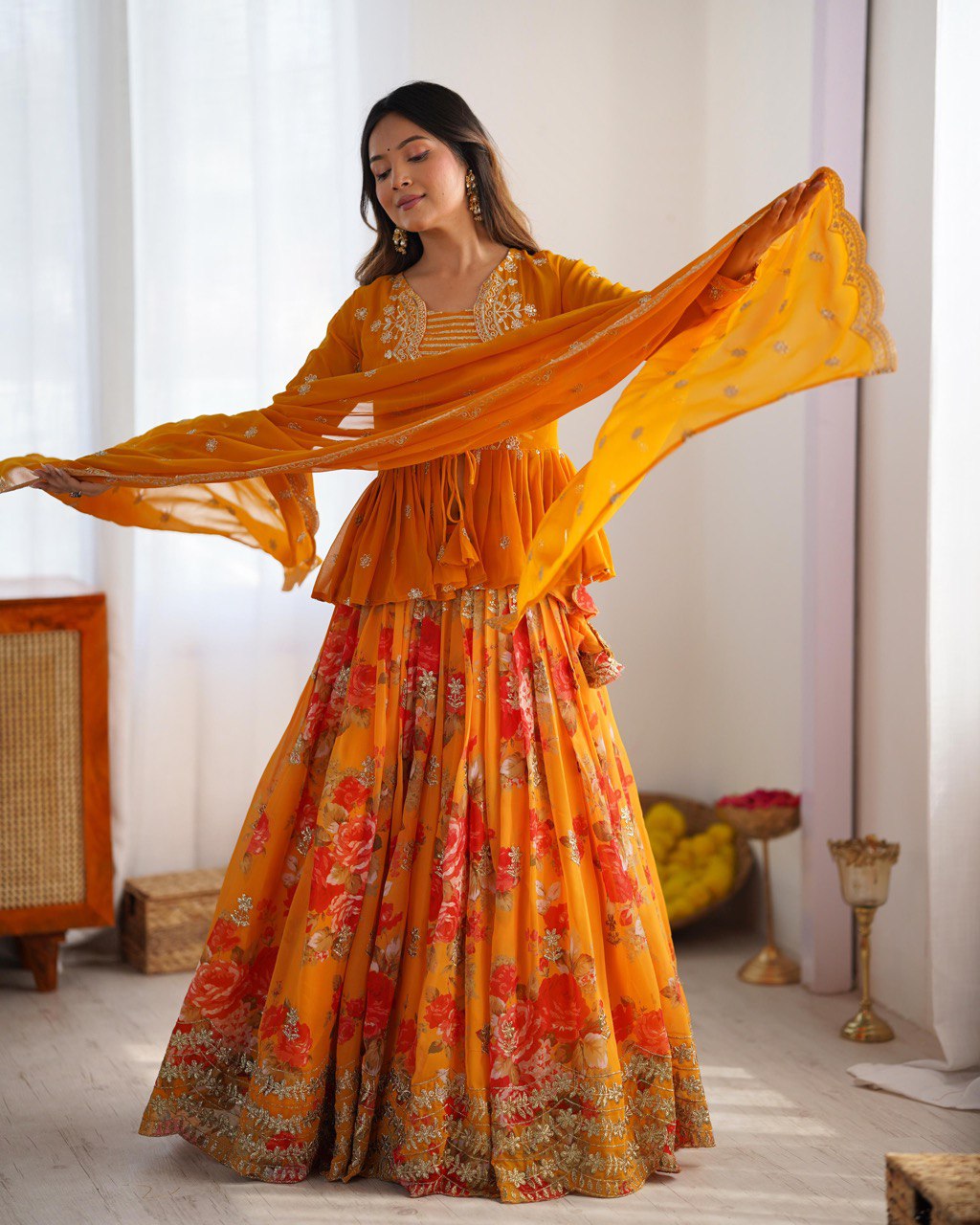Twila mustard sunshine Foux Gorgette lehenga Set