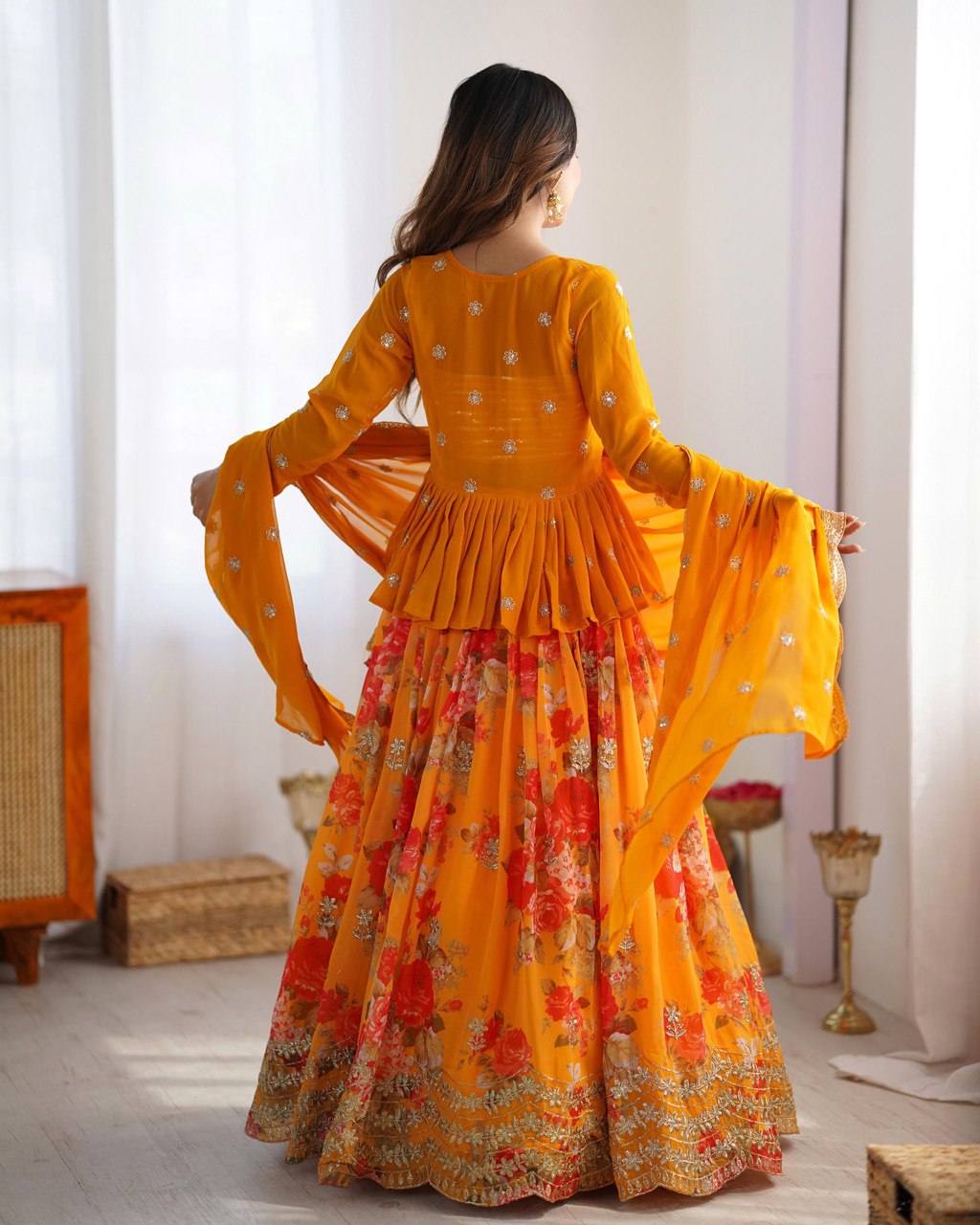 Twila mustard sunshine Foux Gorgette lehenga Set
