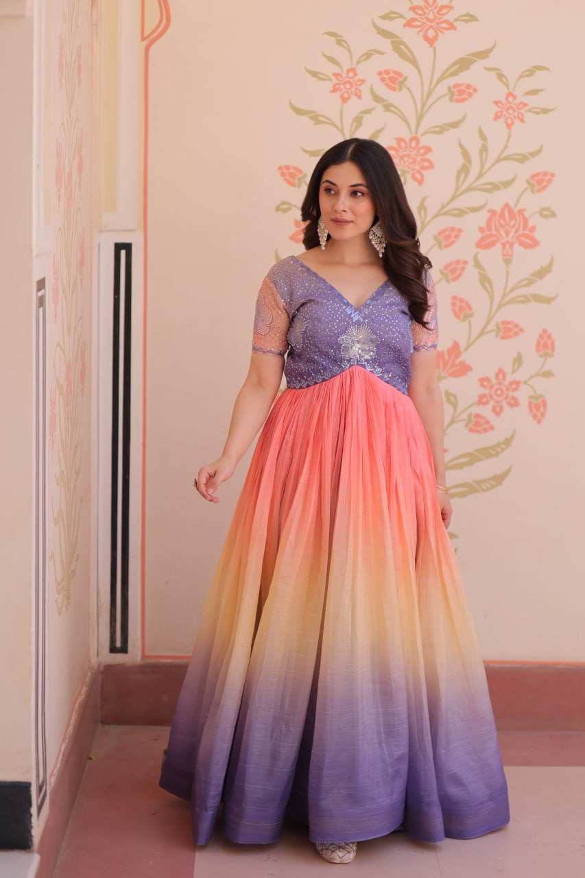 Royal Multicolor Bloom Readymade Designer Gown