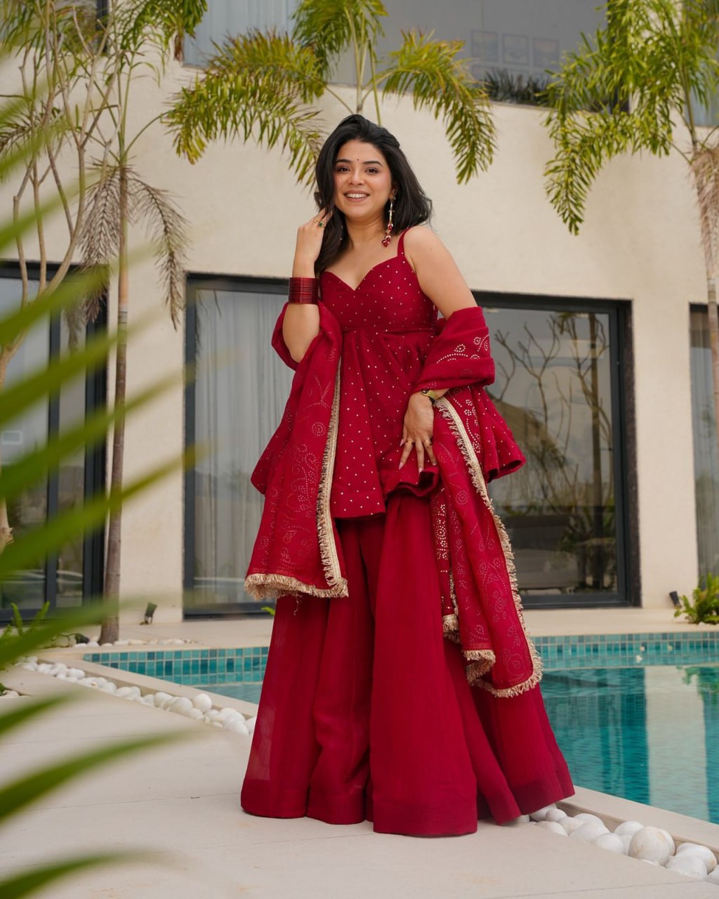 Flame Lily Red Tabby Organza Palazzo Suit