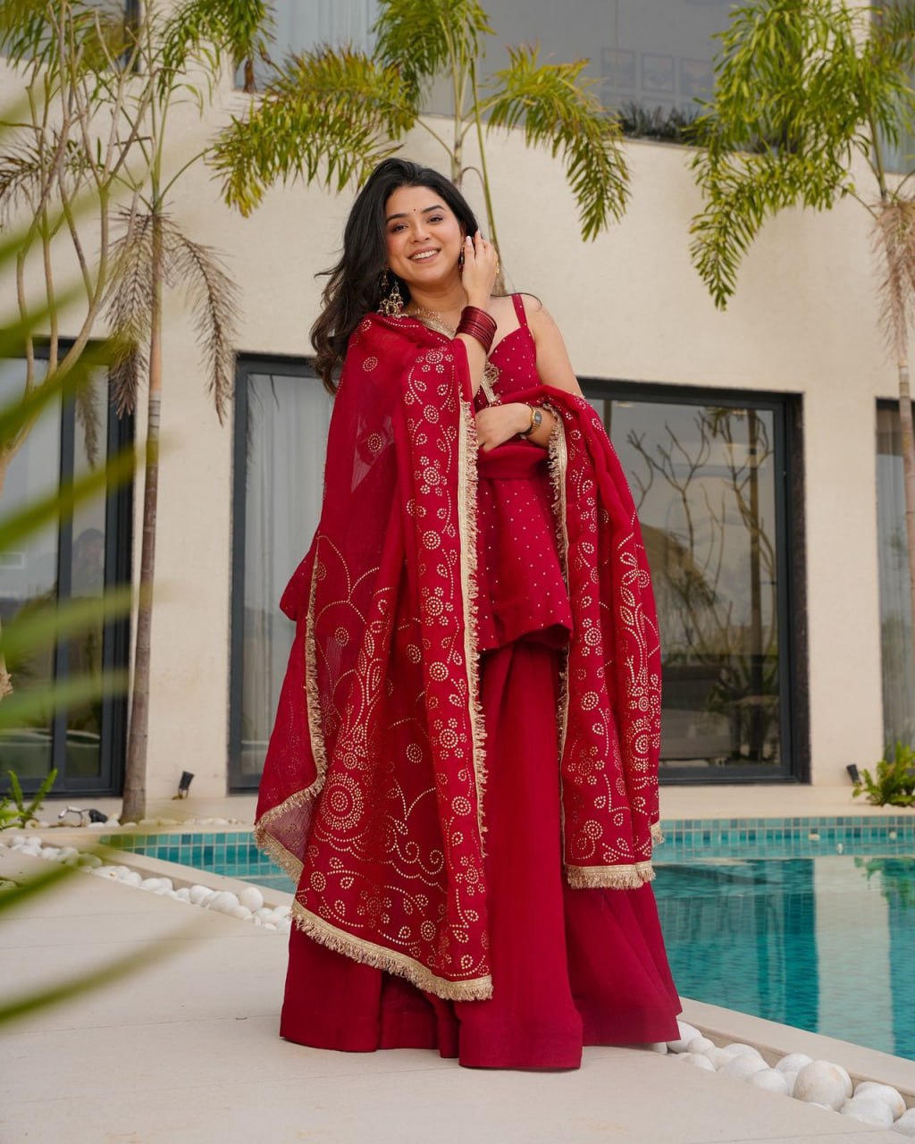 Flame Lily Red Tabby Organza Palazzo Suit
