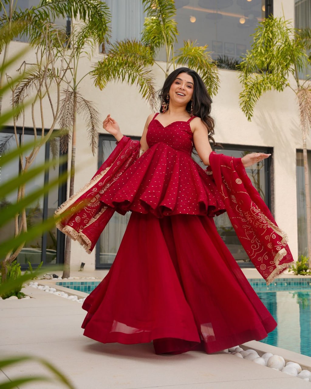 Flame Lily Red Tabby Organza Palazzo Suit