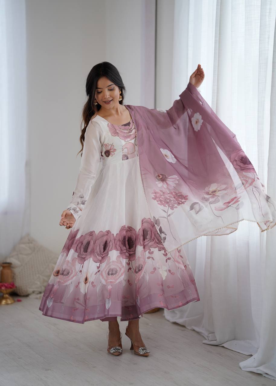Rivaah Graceful Floral Charm White & Lavender Anarkali