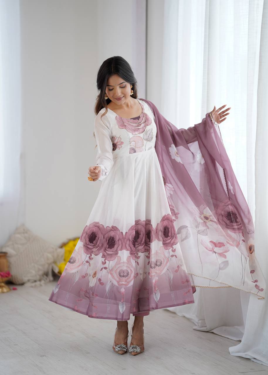 Rivaah Graceful Floral Charm White & Lavender Anarkali