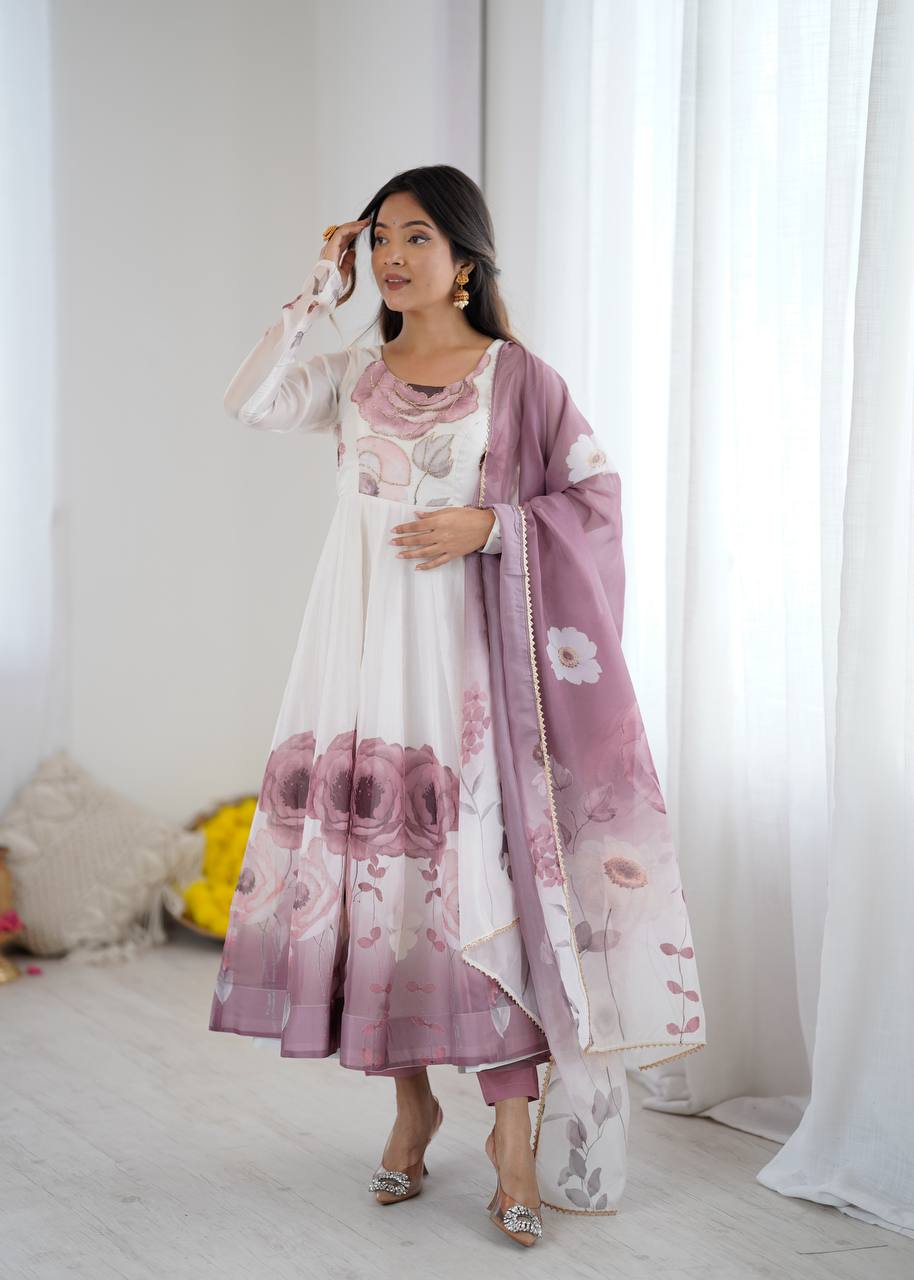 Rivaah Graceful Floral Charm White & Lavender Anarkali