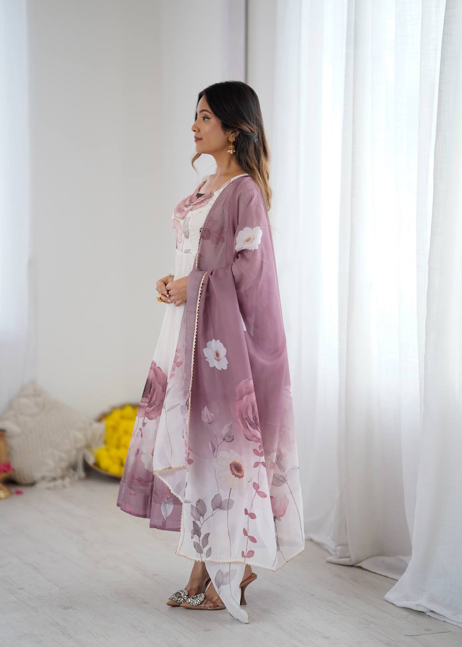Rivaah Graceful Floral Charm White & Lavender Anarkali
