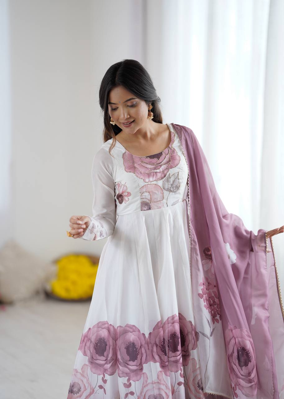Rivaah Graceful Floral Charm White & Lavender Anarkali