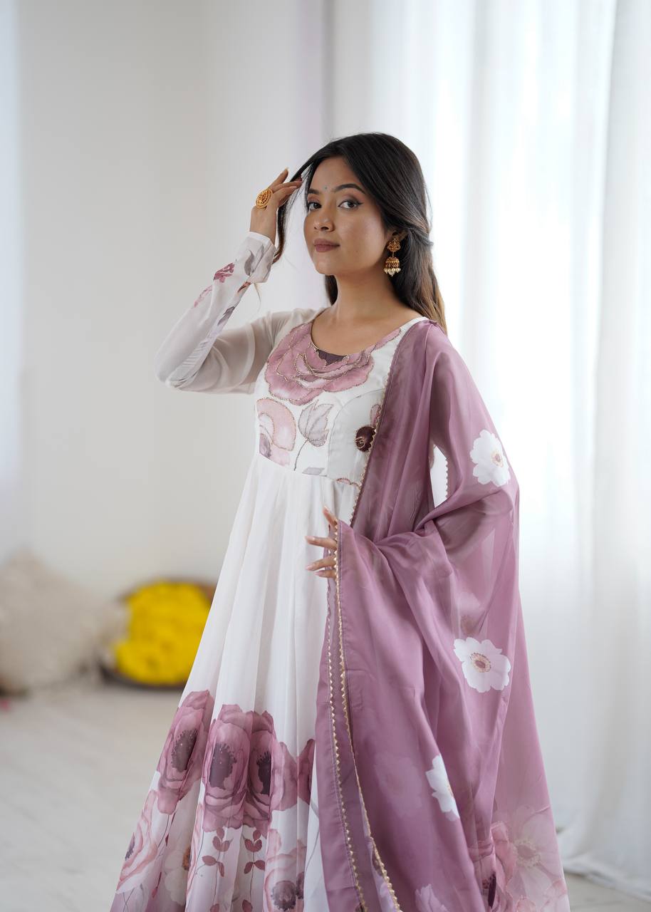 Rivaah Graceful Floral Charm White & Lavender Anarkali
