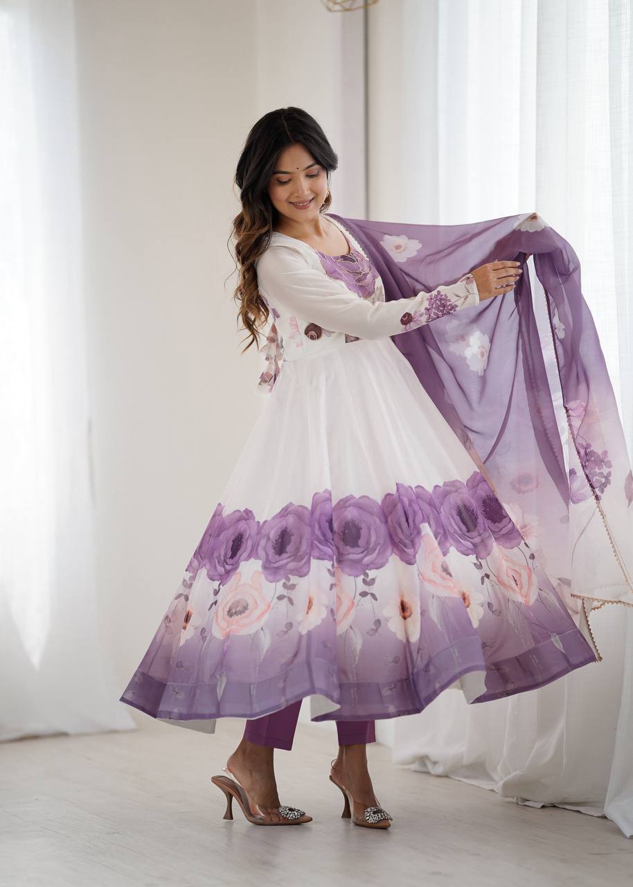 Rivaah Graceful Floral Charm White & Lavender Anarkali