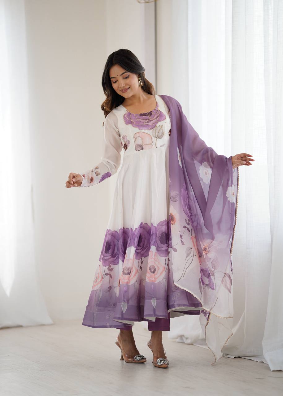 Rivaah Graceful Floral Charm White & Lavender Anarkali