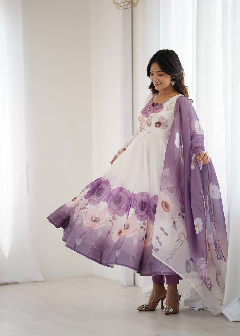 Rivaah Graceful Floral Charm White & Lavender Anarkali