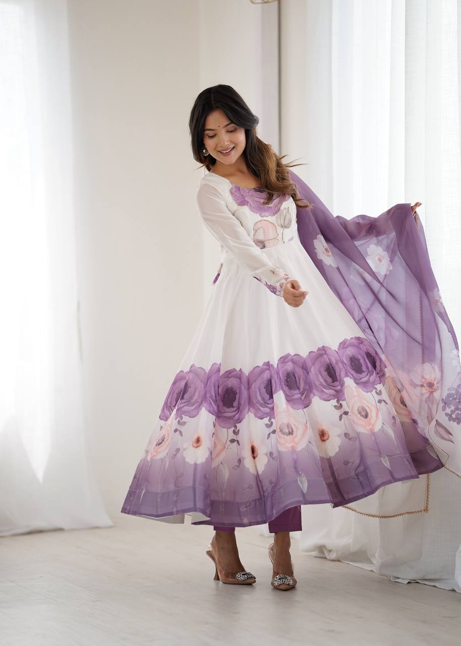 Rivaah Graceful Floral Charm White & Lavender Anarkali