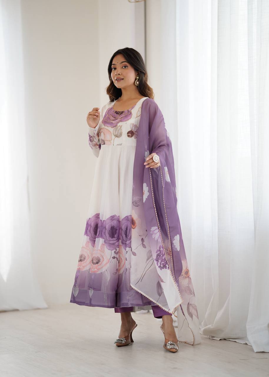 Rivaah Graceful Floral Charm White & Lavender Anarkali