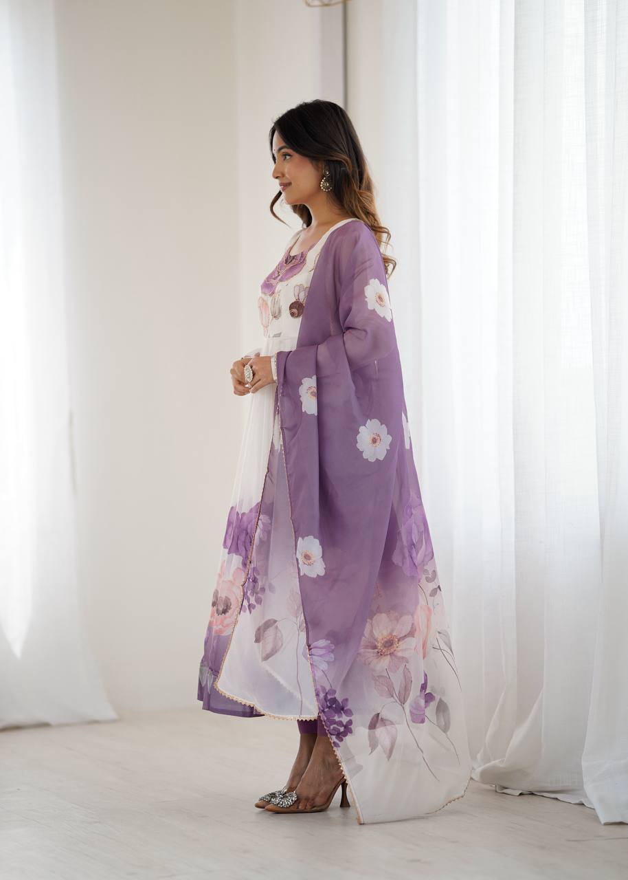 Rivaah Graceful Floral Charm White & Lavender Anarkali