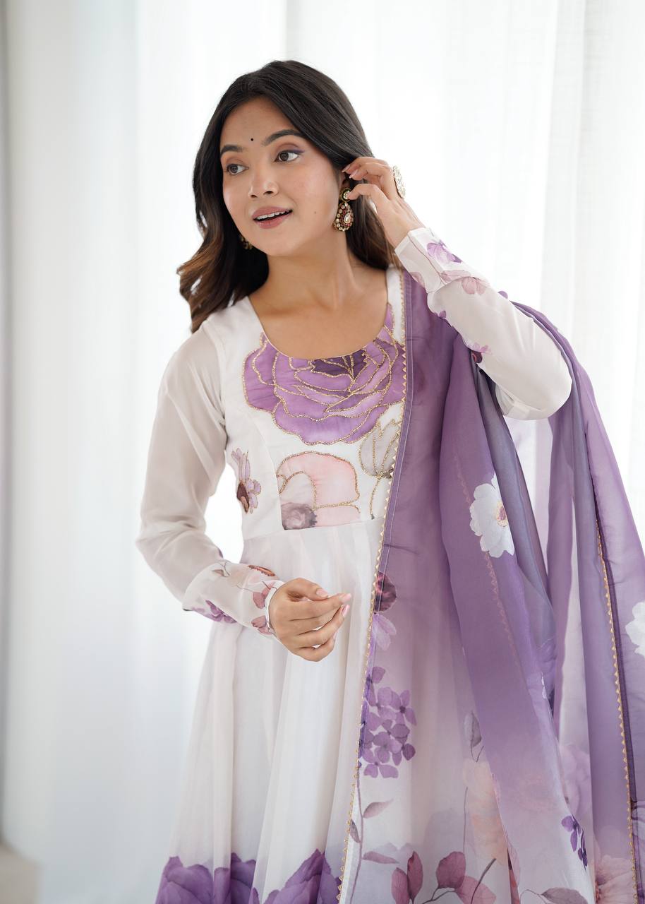 Rivaah Graceful Floral Charm White & Lavender Anarkali