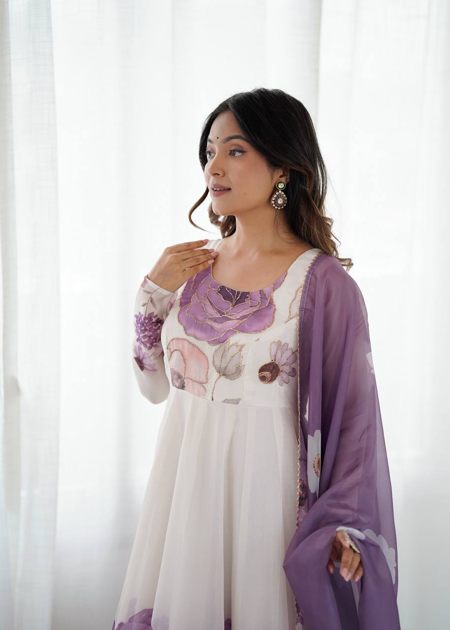 Rivaah Graceful Floral Charm White & Lavender Anarkali