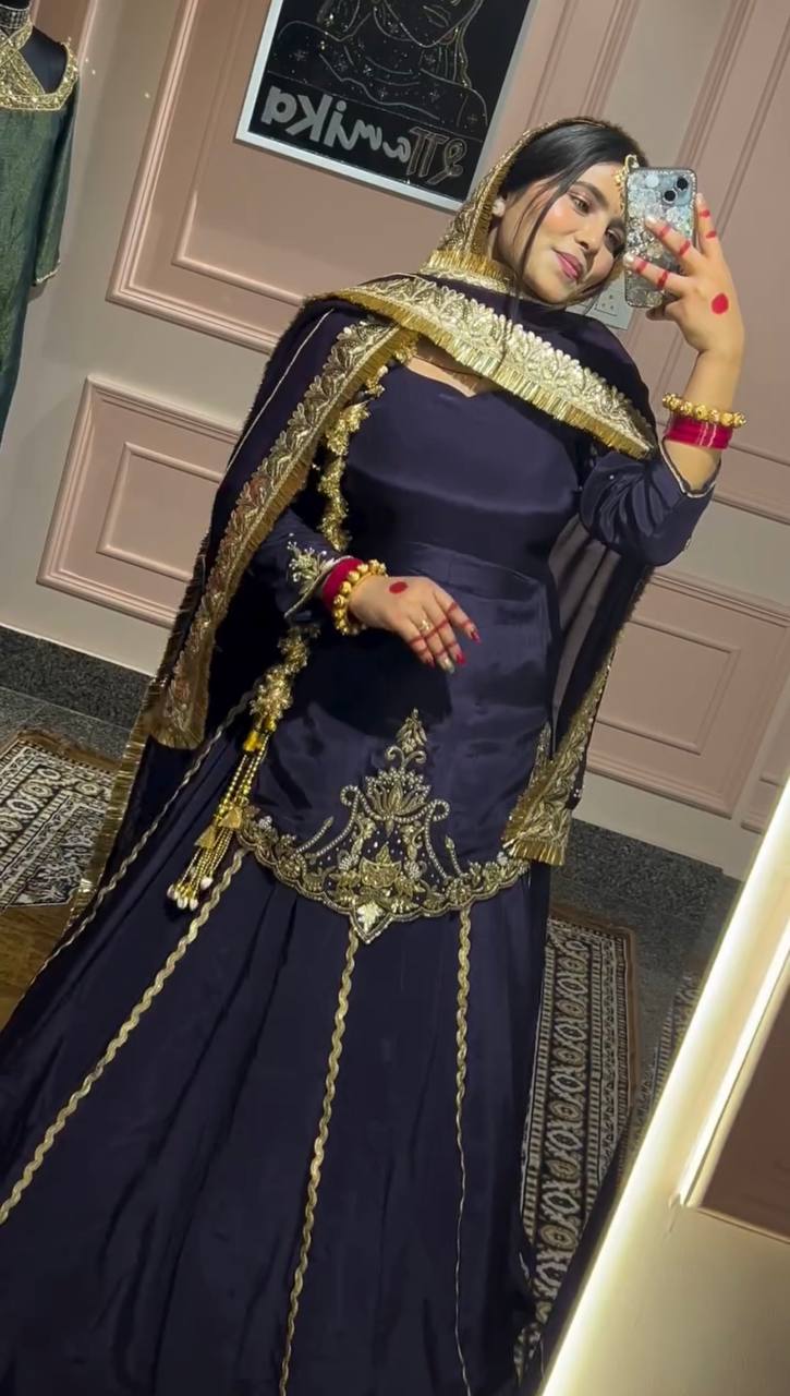 Zarlah Royale Natural Crep Silk Dark Blue Lehenga Set