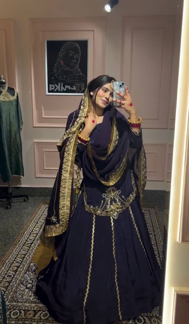 Zarlah Royale Natural Crep Silk Dark Blue Lehenga Set