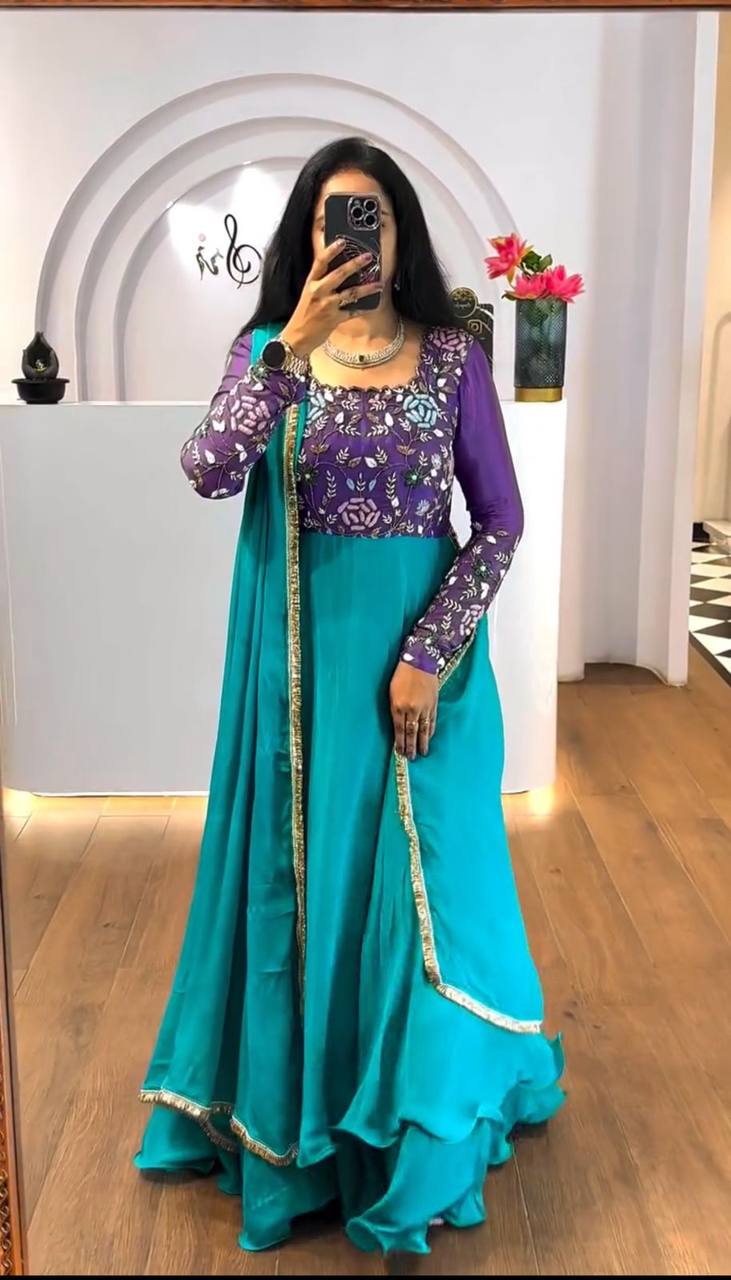The Royal Contrast Embroidery Thread Work Trending Gown
