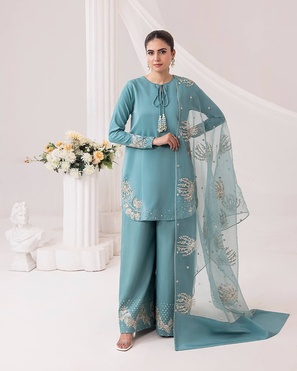 Zairah Pastel Blue Party Wear Pur Natural Crepe Top & Palazzo With Dupatta set