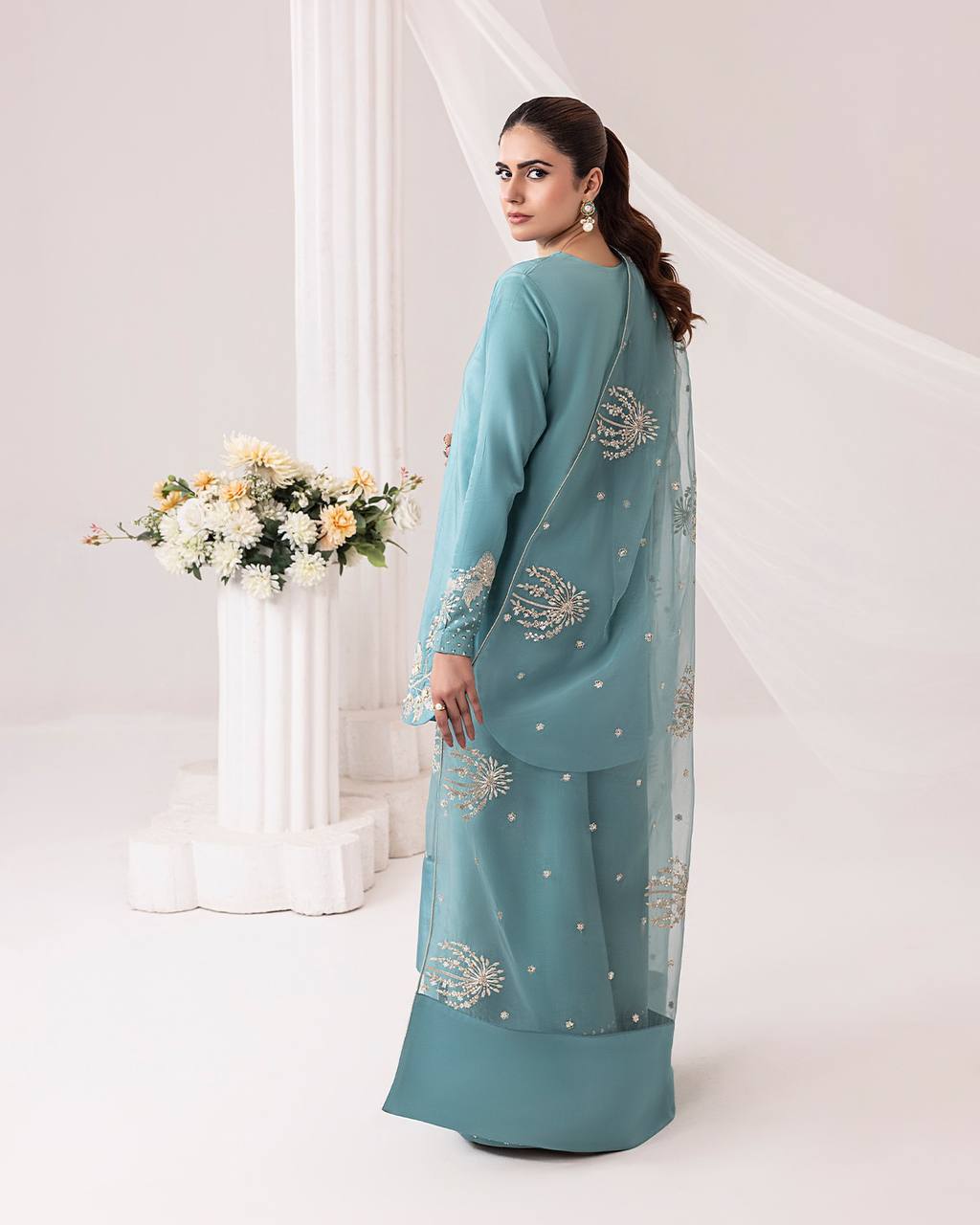 Zairah Pastel Blue Party Wear Pur Natural Crepe Top & Palazzo With Dupatta set