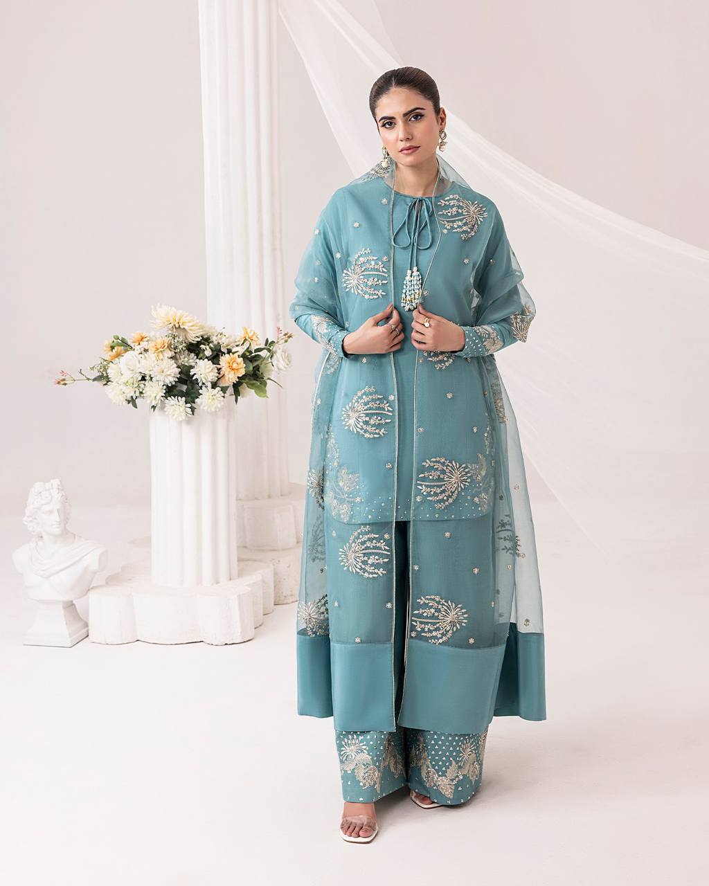 Zairah Pastel Blue Party Wear Pur Natural Crepe Top & Palazzo With Dupatta set