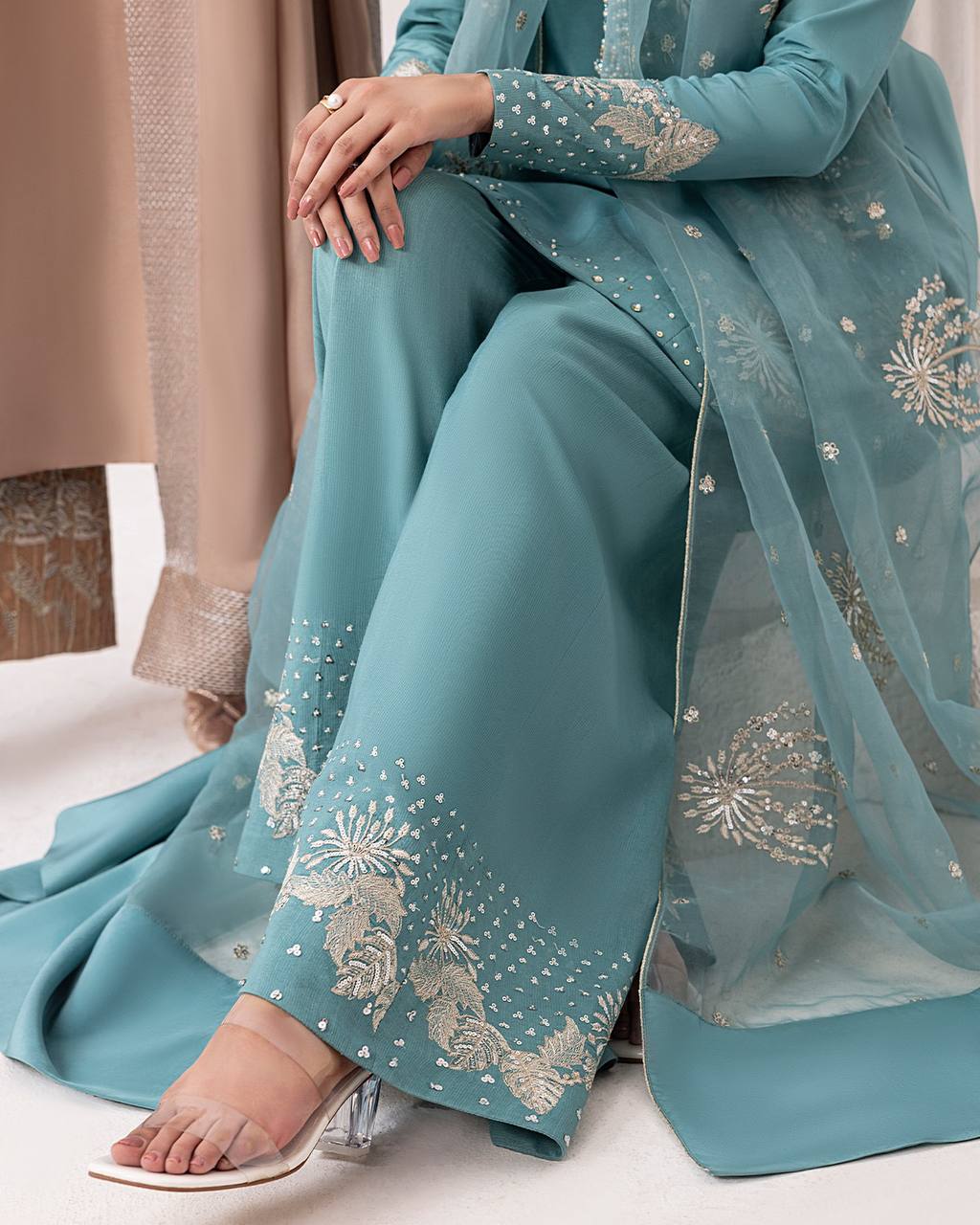 Zairah Pastel Blue Party Wear Pur Natural Crepe Top & Palazzo With Dupatta set