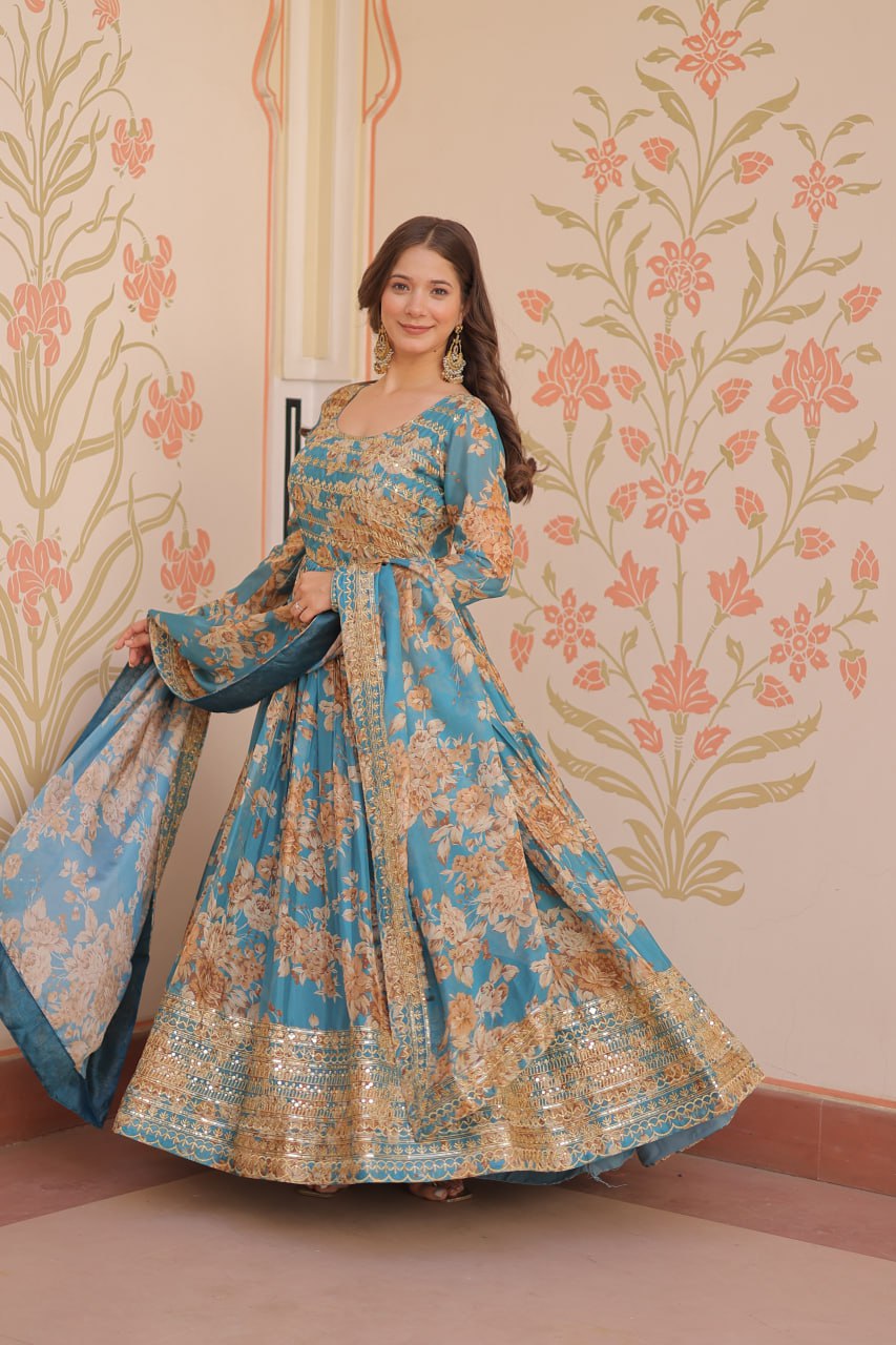 Kiara Russian Silk Rich Digital Print Readymade Gown