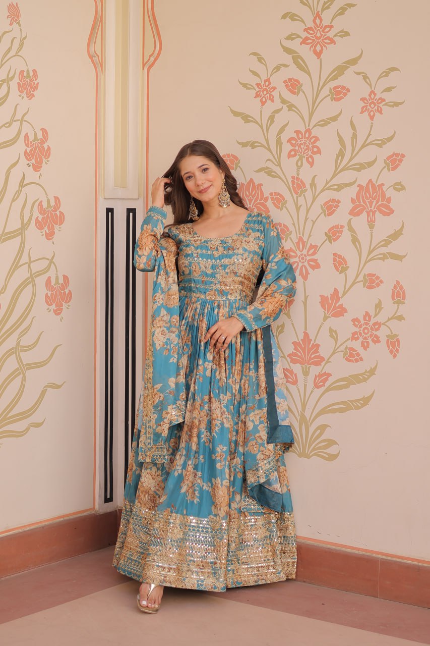Kiara Russian Silk Rich Digital Print Readymade Gown