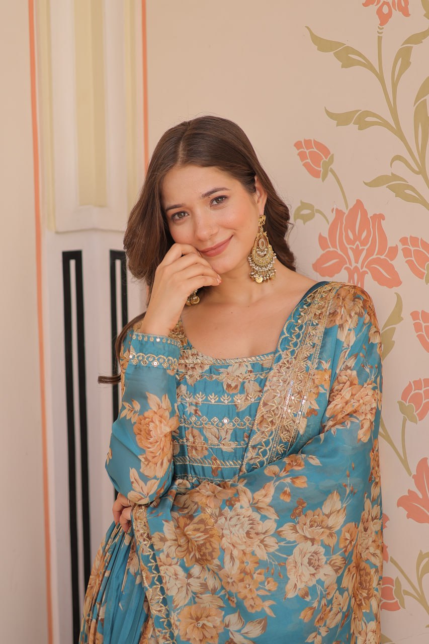 Kiara Russian Silk Rich Digital Print Readymade Gown