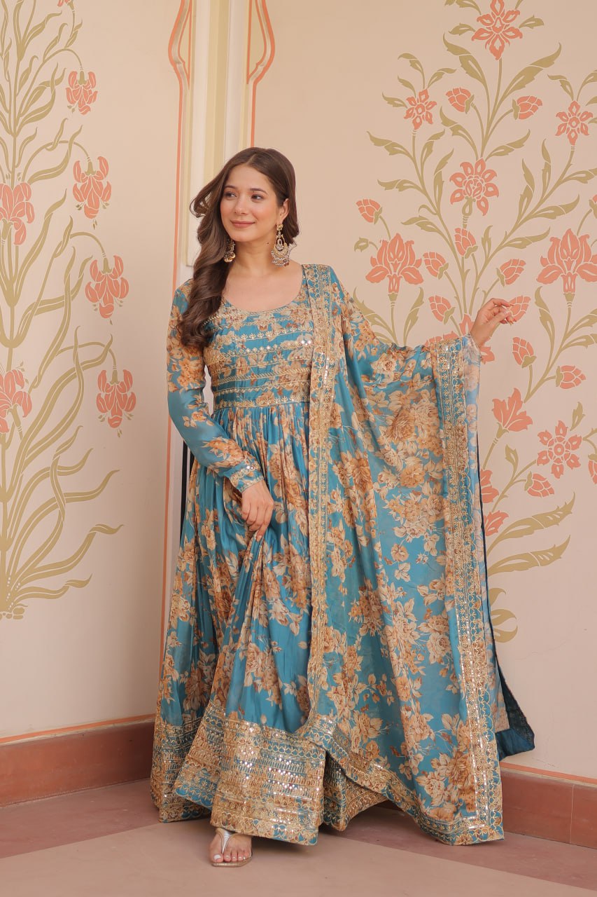 Kiara Russian Silk Rich Digital Print Readymade Gown