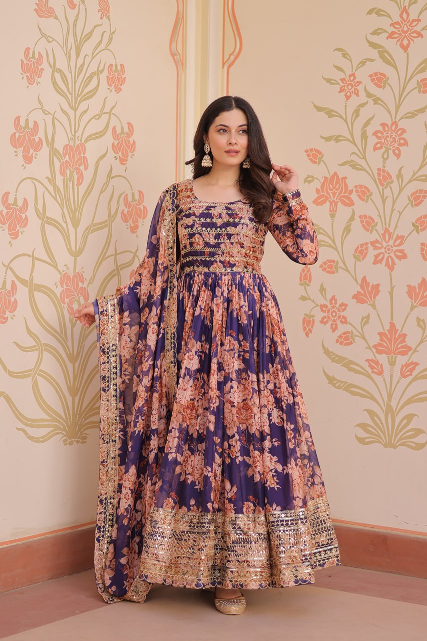 Kiara Russian Silk Rich Digital Print Readymade Gown