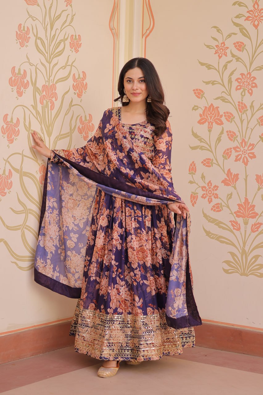 Kiara Russian Silk Rich Digital Print Readymade Gown