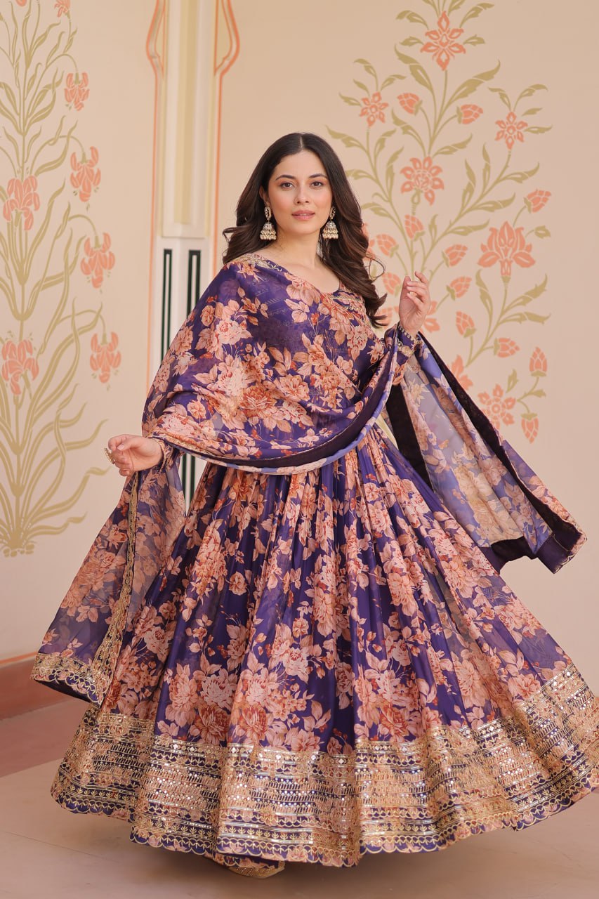 Kiara Russian Silk Rich Digital Print Readymade Gown