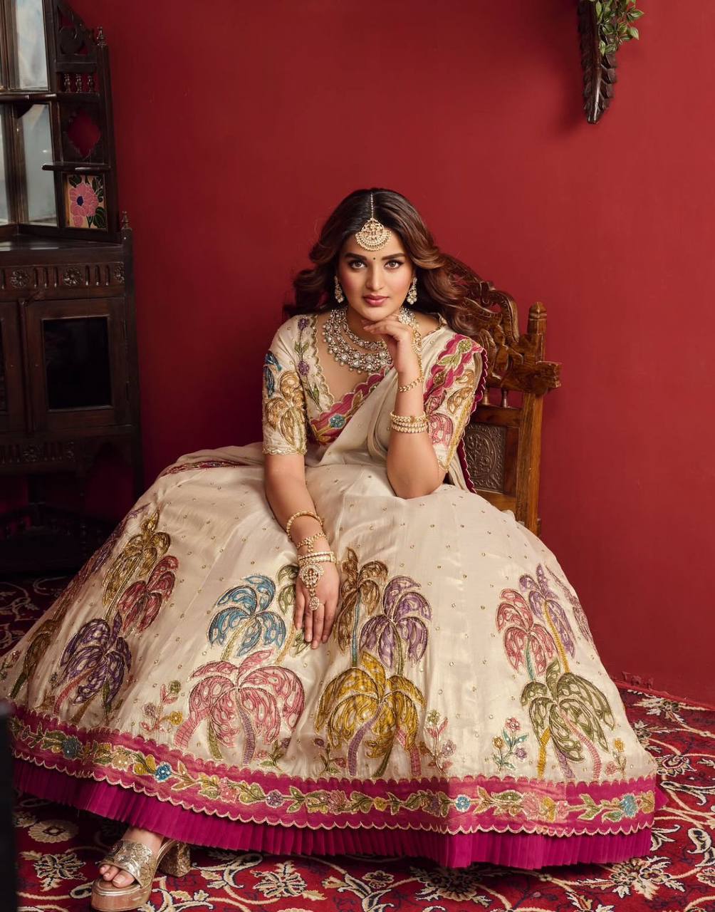Noor E Bahar Tissue Simmer Silk Lvory Lehenga Set