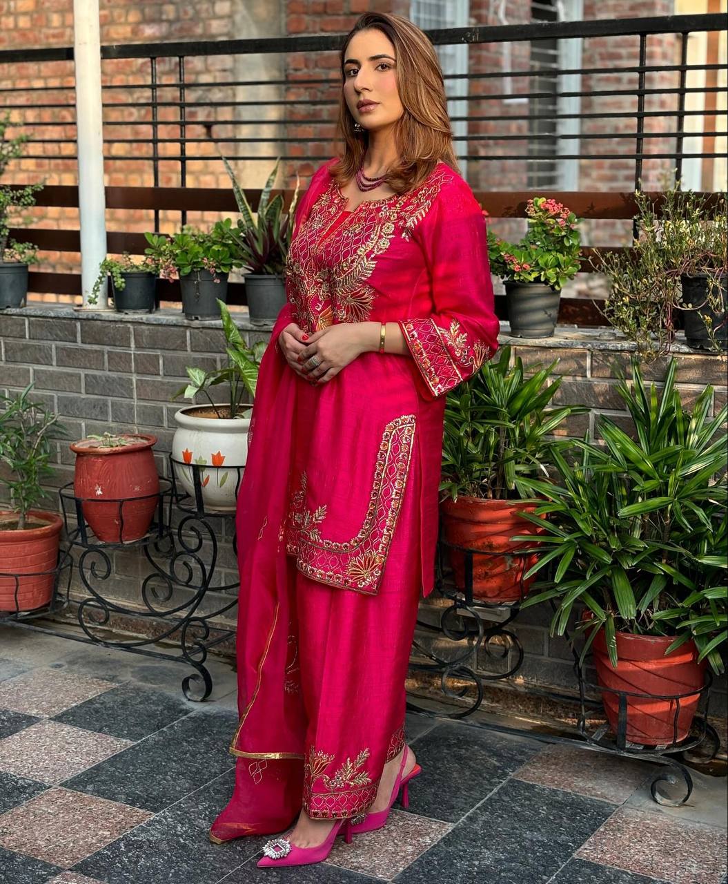 Naira Blooming Heavy Chinnon Silk Radiant Pink Suit Set