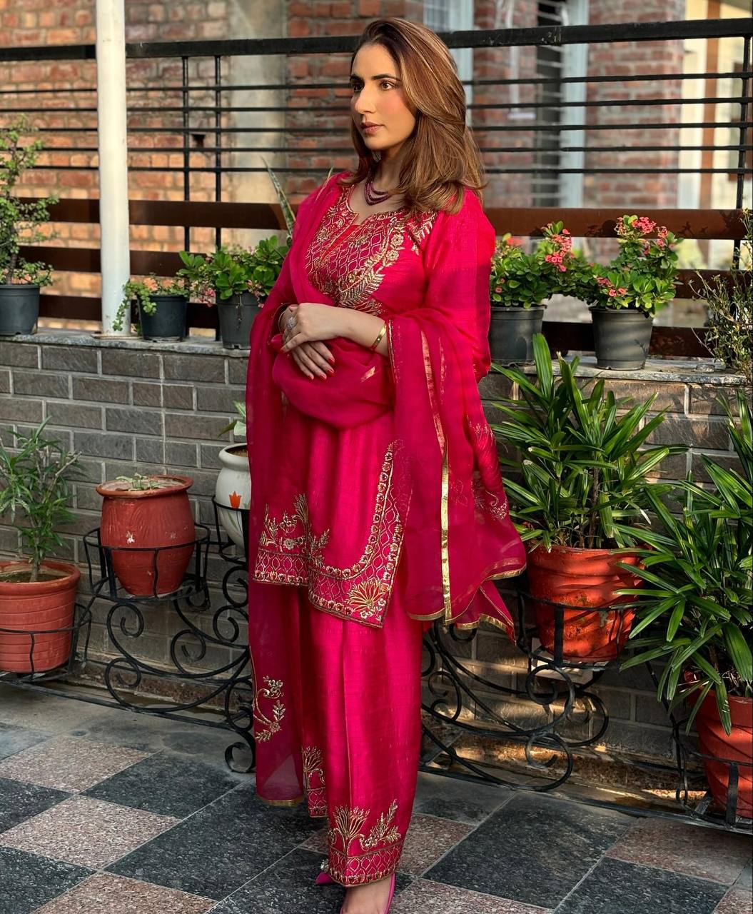 Naira Blooming Heavy Chinnon Silk Radiant Pink Suit Set