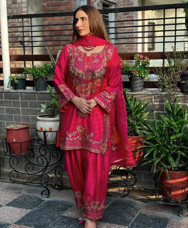 Naira Blooming Heavy Chinnon Silk Radiant Pink Suit Set