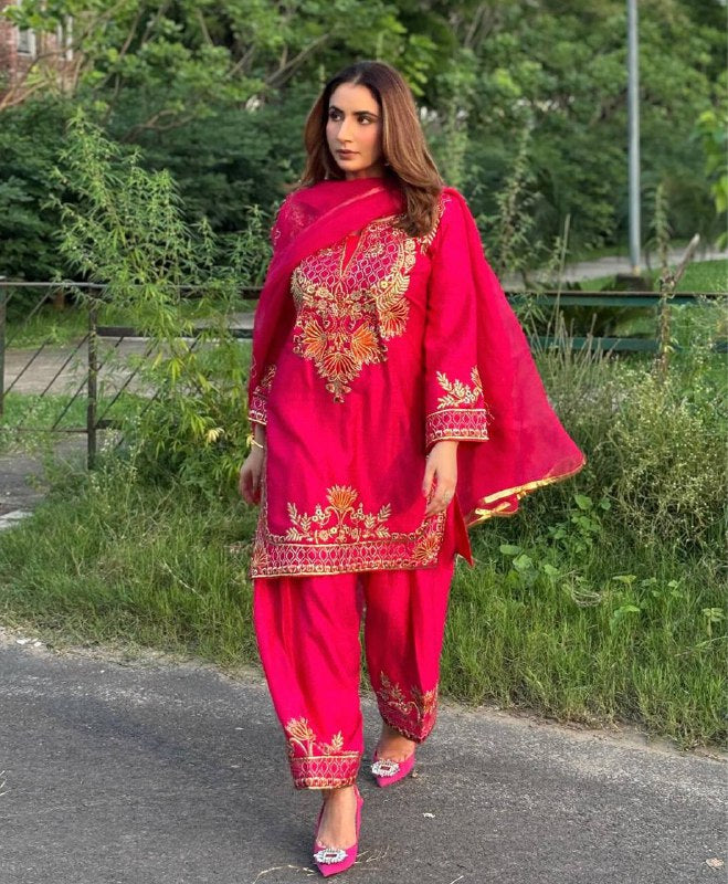 Naira Blooming Heavy Chinnon Silk Radiant Pink Suit Set