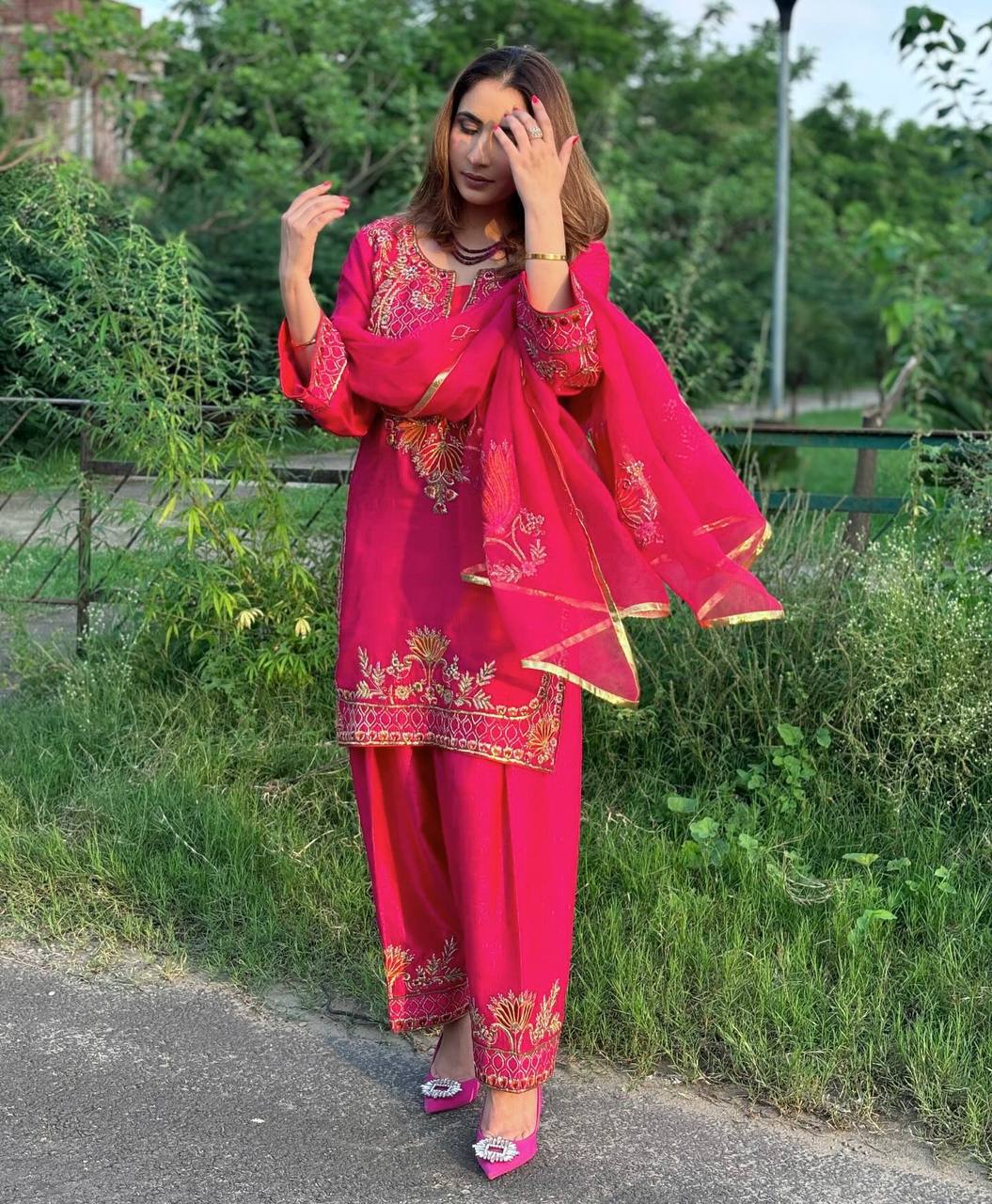 Naira Blooming Heavy Chinnon Silk Radiant Pink Suit Set