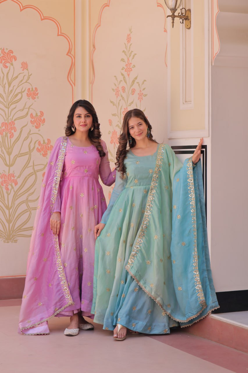 Meher Pastel Bloom Pedding Gold Organza with Multi Embroidered Work Gown