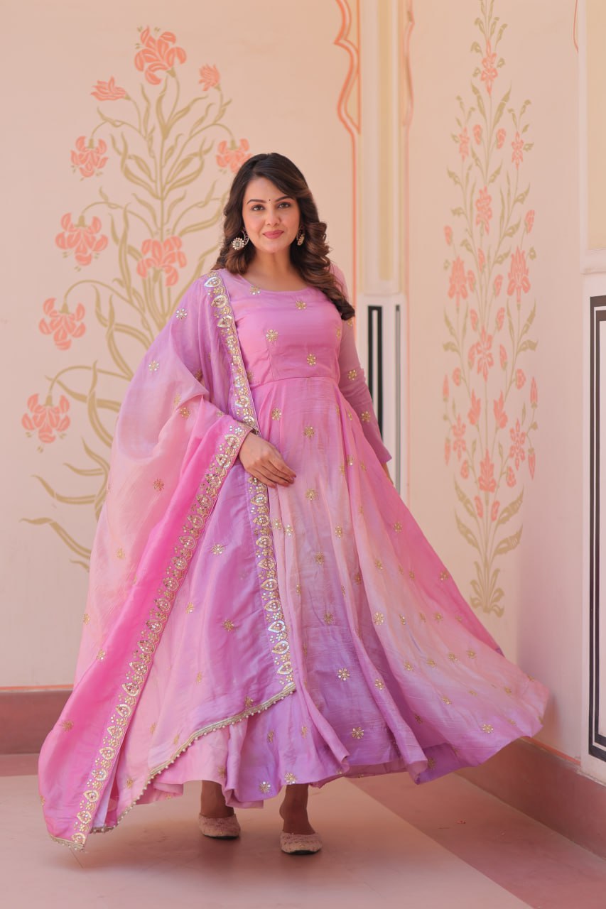 Meher Pastel Bloom Pedding Gold Organza with Multi Embroidered Work Gown